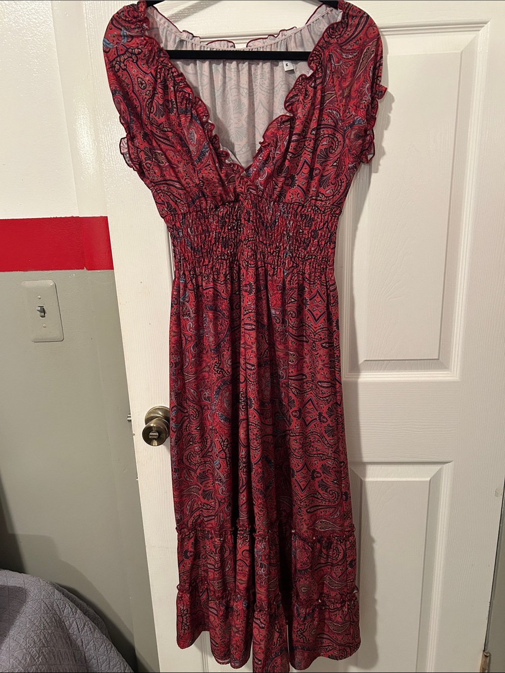 Red Paisley V-Neck Smocked-Waist Maxi Dress